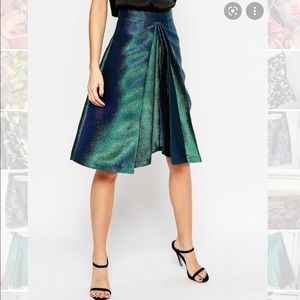 ASOS Metallic Green Knee Length Skirt with Pleats
